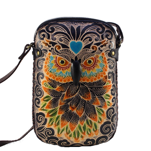 Leather Black Owl Pouch purse handbag crossbody