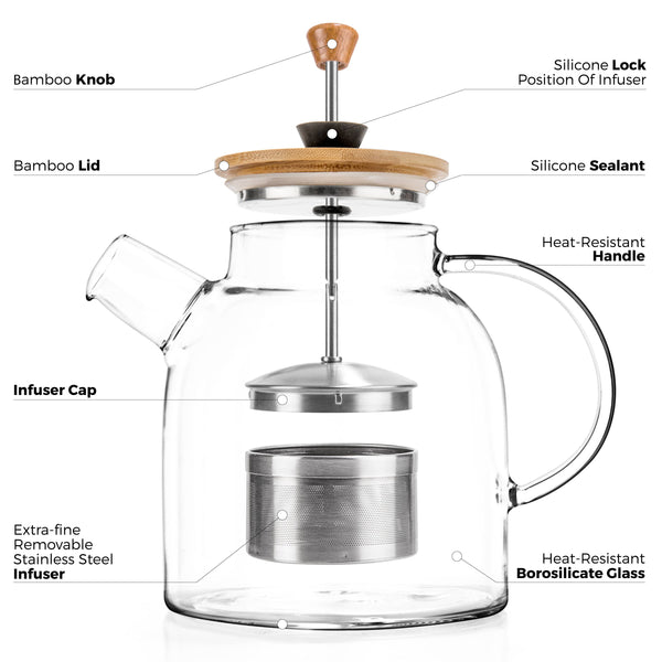 Large Glass Teapot Kettle 47oz w/ Infuser - Stove-Top Safe